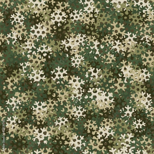 Seamless pattern. Multicolored snowflakes. Fashionable camouflage for clothing