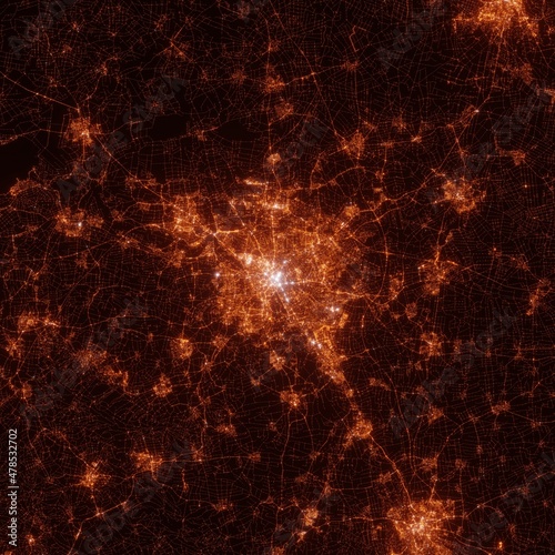 Hannover city lights map, top view from space. Aerial view on night street lights. Global networking, cyberspace