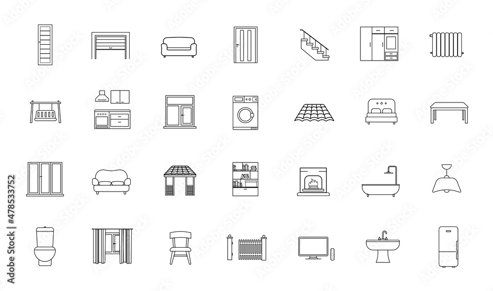 House modern interior indoor and outdoor furniture linear icons set House modern interior indoor and outdoor furniture linear icons set