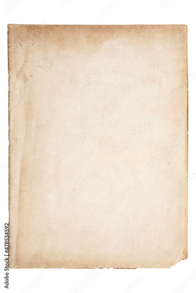 Old kraft brown paper with stains on white isolated background
