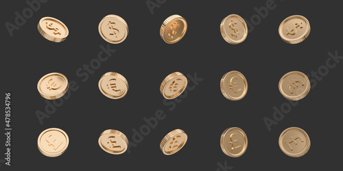 Realistic golden coins in different positions. Set of rotating gold coins with dollar, euro, pound currency sign. Golden money set. 3d rendering