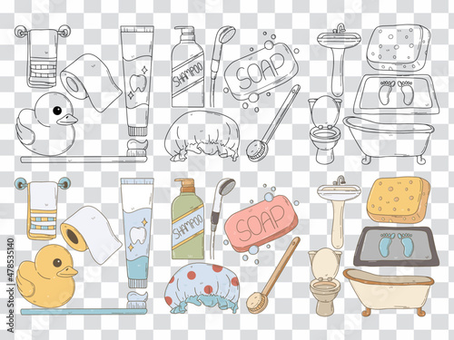 Bathroom collection set hand drawn. Doodle Vector style symbols and objects.