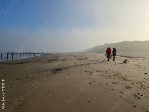 Fotografiet Beautiful landscape with female couple walking with dog on misty environment on