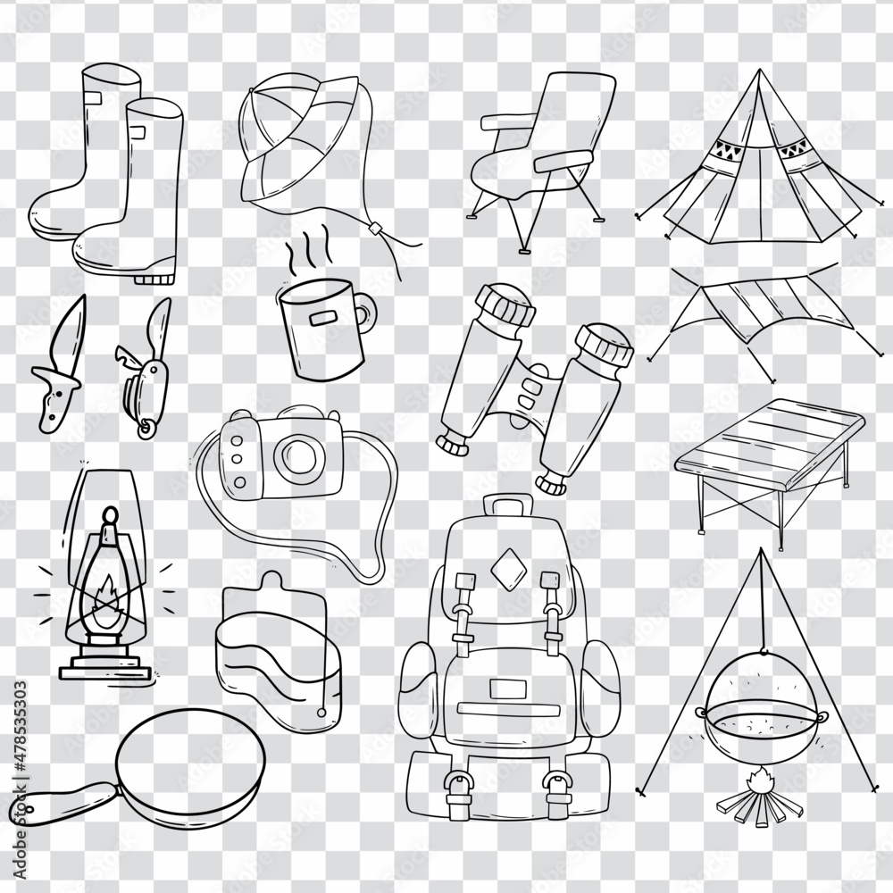 Camping collection set hand drawn. Doodle Vector style symbols and ...