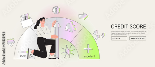 Woman push credit score arrow gauge speedometer indicator with color levels. Measurement from poor to excellent rating for personal credit history or mortgage loans concept vector illustration.