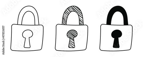 Set of hand-drawn vector Padlocks in doodle cartoon style. 