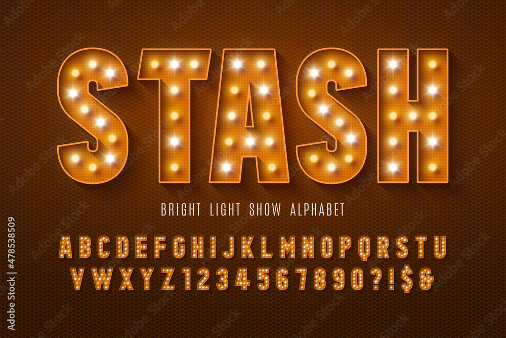 Retro cinema alphabet design, cabaret, LED lamps letters and numbers