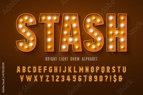 Fototapete Retro cinema alphabet design, cabaret, LED lamps letters and numbers