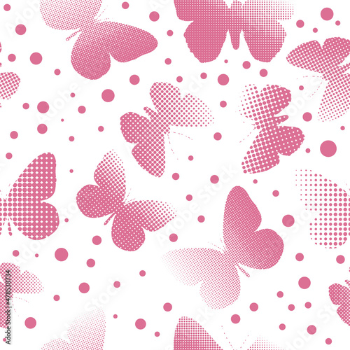 Seamless background pink butterflies from dots. Vector illustration