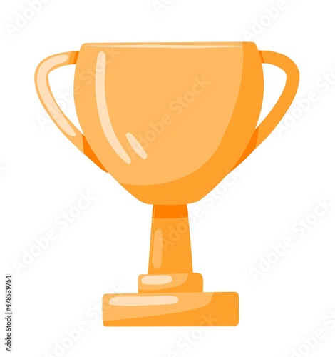 Gold winner cup. Golden trophy for 1st place in sports competition. Gilded goblet for contest winning. Award with pedestal. Shiny prize. Flat  illustration of reward isolated on white background photo