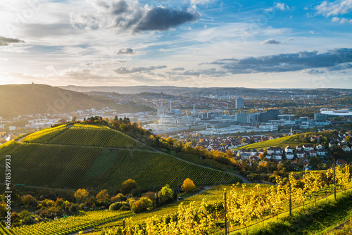 Germany, Stuttgart city panorama landscape view above vineyards into industrial quarter and arena at sunset