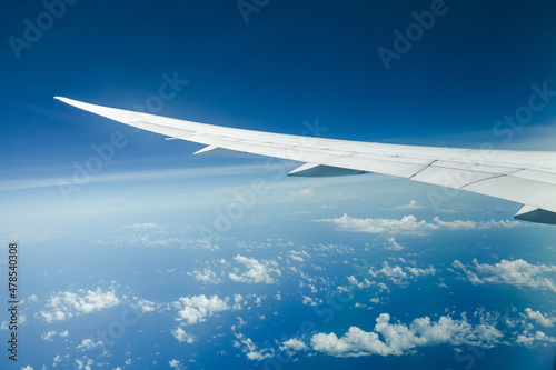 Inflight wing view of a plane. Scenic sky over the clouds.