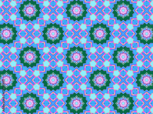 A sophisticated geometric pattern inspired by Middle Eastern and Moroccan ornaments. Elaborate kaleidoscopic surface print in blue  purple and yellow colors for textile design and gift wrapping paper.