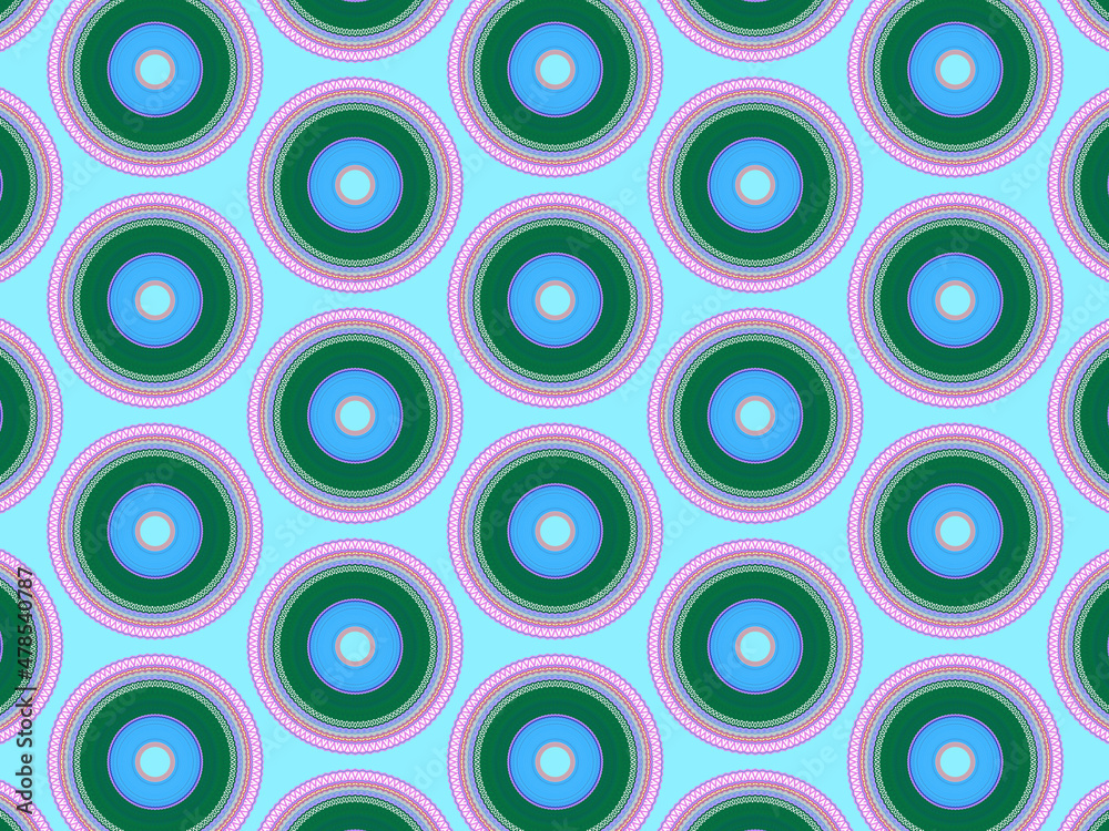 Fototapeta premium A sophisticated geometric pattern inspired by Middle Eastern and Moroccan ornaments. Elaborate kaleidoscopic surface print in blue, purple and yellow colors for textile design and gift wrapping paper.