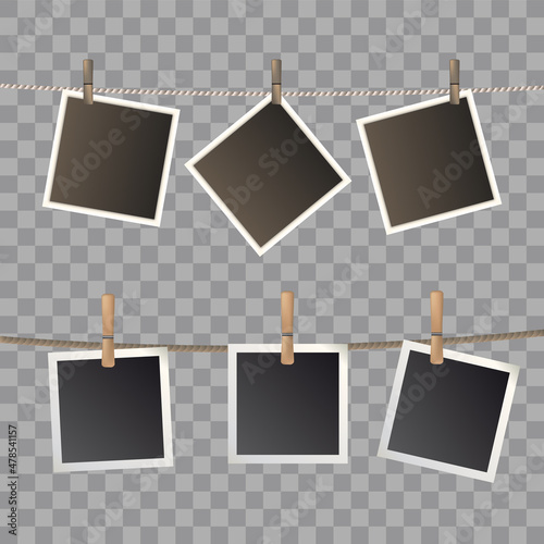 Photos hanging on rope attached clothespins. Blank realistic instant photo icons template isolated on transparent background. Retro photo frames digital photography image mockup, vector design set