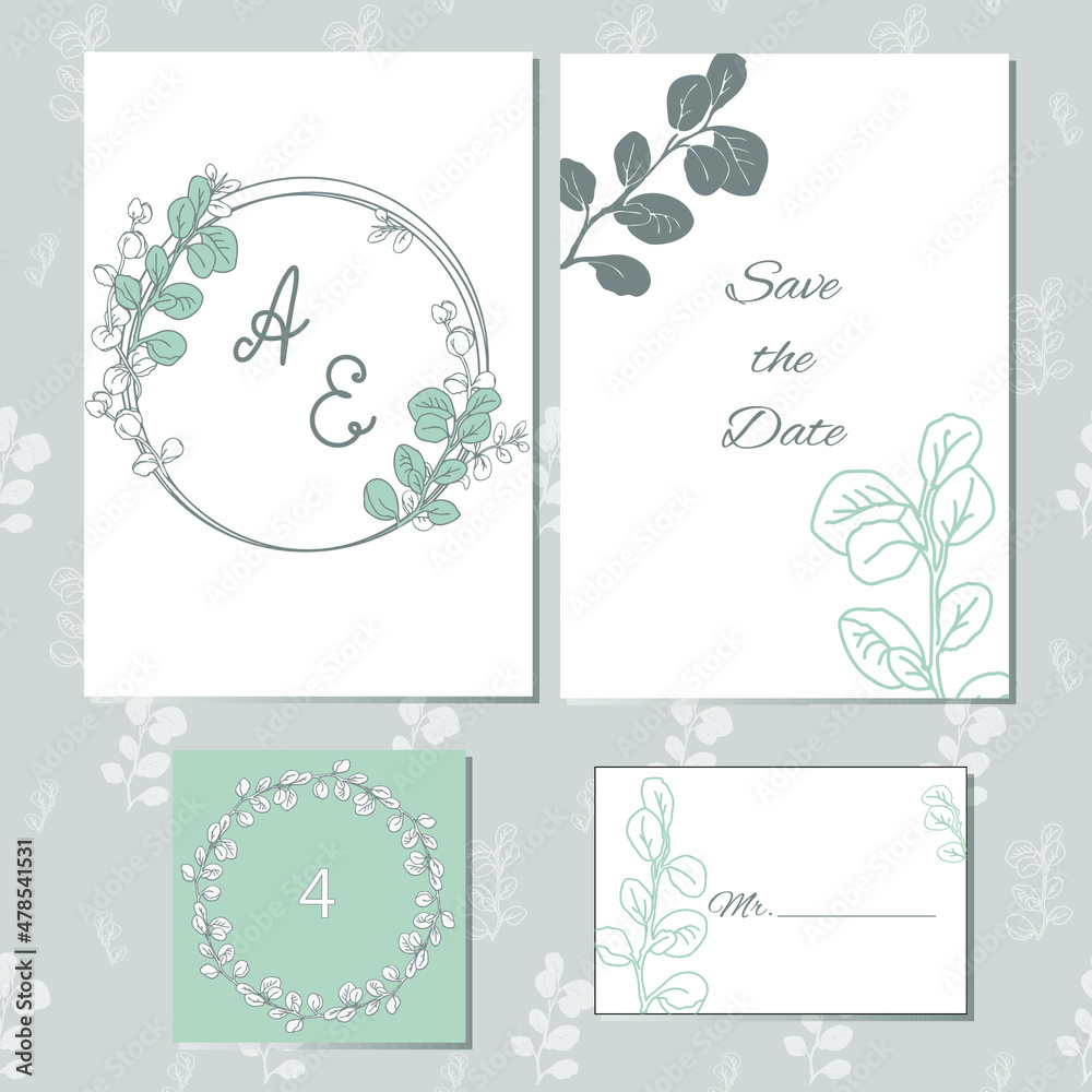 Eucalyptus leaves wedding invite pattern, hand drawn leaves for card design.