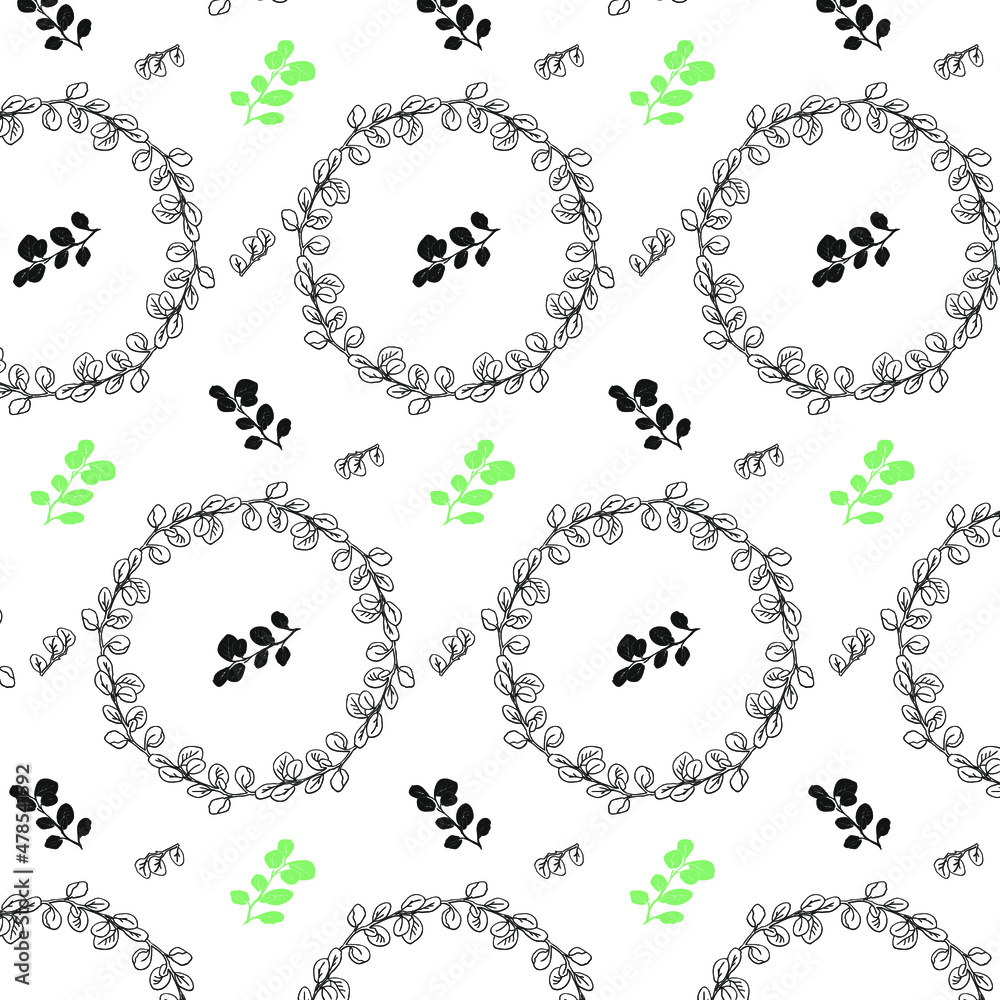 Eucalyptus leaves seamless pattern, hand drawn leaves for textile design. Eucalyptus leaves seamless pattern, hand drawn leaves for textile design.