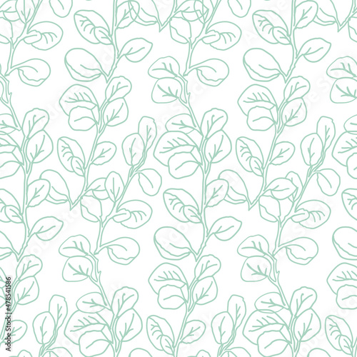 Eucalyptus green leaves seamless pattern, hand drawn leaves for textile design.
