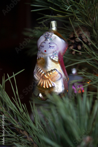 Принти на полотні Vintage old glass Christmas tree toy 1970s Soviet period dolls - beautiful tsarina on pine branches close-up