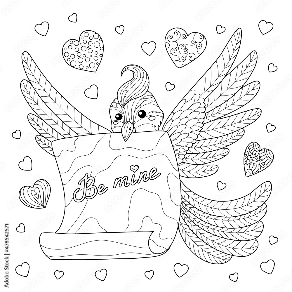 Funny bird with love letter and message Be mine for Valentine's day