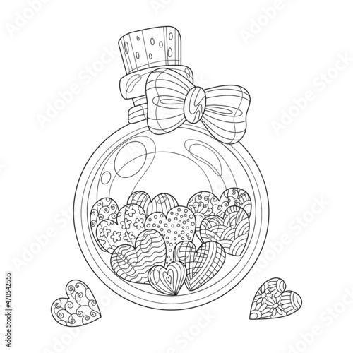 Glass bottle with candy hearts for Valentine's day. Coloring book page for adult with doodle and zentangle elements. Vector hand drawn isolated.