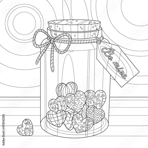Big glass jar with hearts and message Be mine as gift for valentine's day on the table. Coloring book page for adult with doodle and zentangle elements. Vector hand drawn isolated.