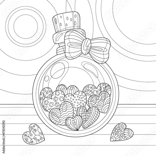Glass bottle with candy hearts for Valentine's day on the table. Coloring book page for adult with doodle and zentangle elements. Vector hand drawn isolated.