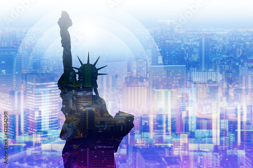 USA background. Double Exposure Statue of Liberty. New York Statue of Liberty on background of city. Banner on theme of sights of United States. United States of America travel.