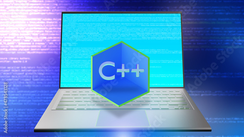 C++ logo. Laptop screen wit...