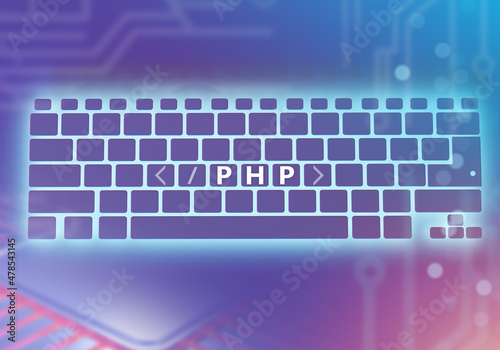 PHP programming. PHP letters on keyboard silhouette. Creating software using PHP. Using Hypertext Preprocessor to Build Websites. Hypertext Preprocessor abbreviation in purple. 3d rendering.