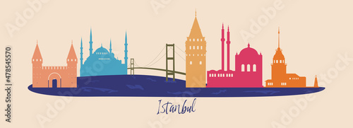 Famous Istanbul landmarks and historical buildings. Panoramic view of Istanbul with Bosporus. Istanbul silhouette. Galata tower, bridge, Topkapi, maiden tower, Blue Mosque, Ortakoy Mosque. Vector photo