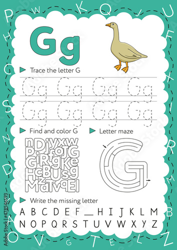 Handwriting workbook for children. Worksheets for learning letters. Activity book for kids. Educational pages for preschool. Letter G