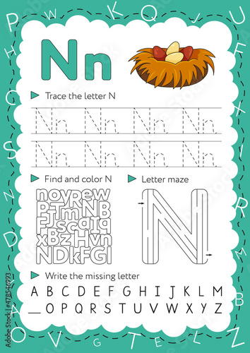 Handwriting workbook for children. Worksheets for learning letters. Activity book for kids. Educational pages for preschool. Letter N