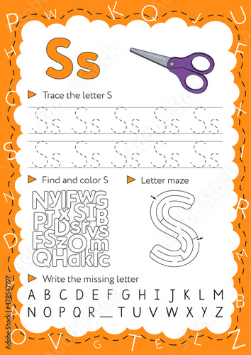 Handwriting workbook for children. Worksheets for learning letters. Activity book for kids. Educational pages for preschool. Letter S