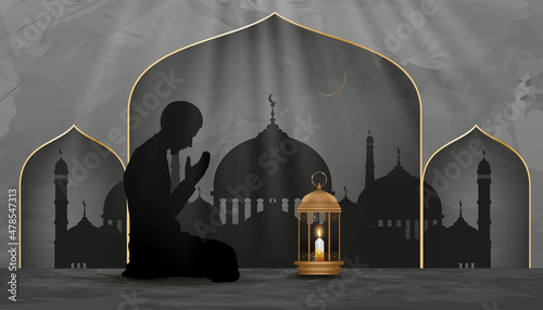Eid Mubarak backdrop silhouette Muslim man making a supplication,Traditional Islamic mosque with Lantern light, crescent moon,Vector Eid Mubarak, Ramadan Kareem, Eid al fitr, Eid al Adha banner