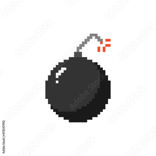8 bit pixel bomb icon. Black art, colorful vector illustration 80s