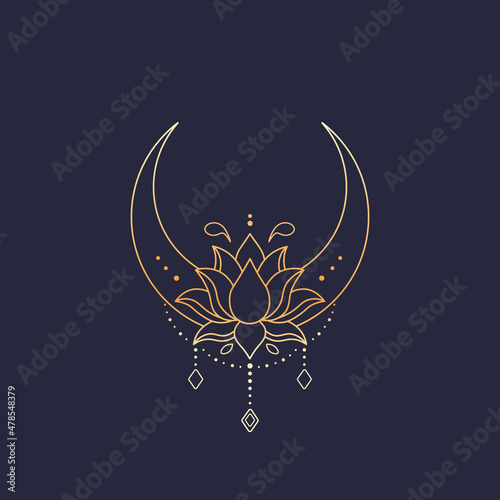 Crescent moon and lotus flower. Vibrant glowing mystic vector illustration on dark background. Celestial line art. Ethnic esoteric elements. Use for astrology, tarot poster, boho t-shirt print, logo.