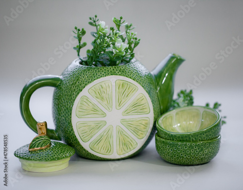 Teapot lime green. Handmade ceramic tea set