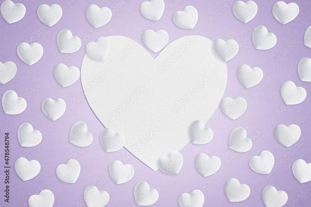 White love heart shaped blank textured paper for copy space and white fabric love hearts