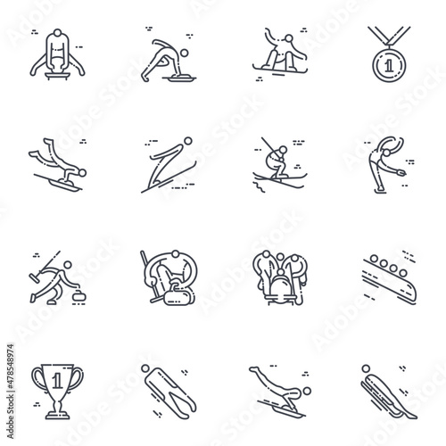 Vector winter sports line icon set. Snowboard, bobsleigh, luge, skeleton and other