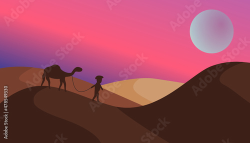 shadow of a camel in the desert on purple shadow