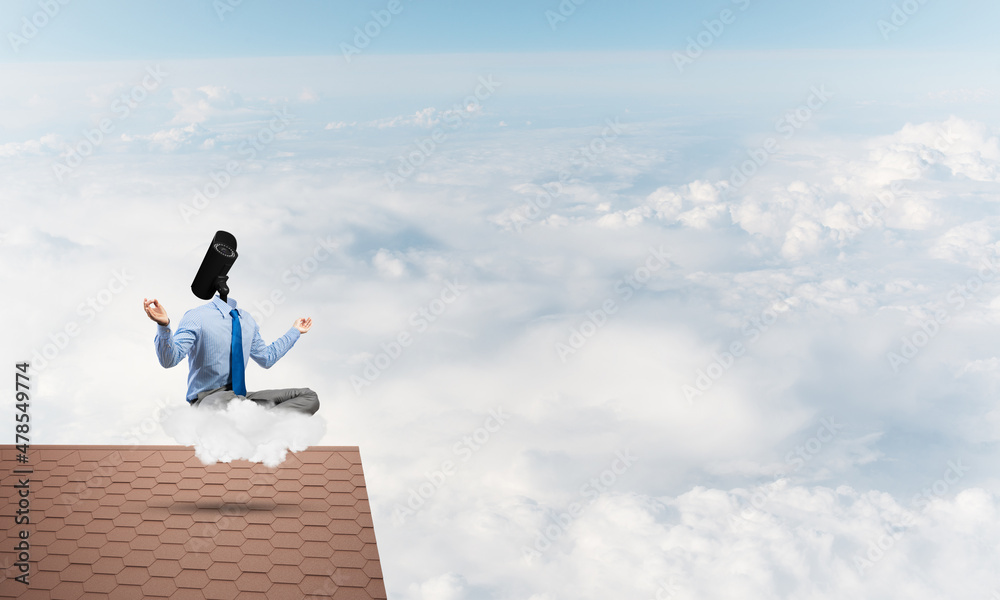 Concept of security and privacy protection with camera headed man meditating Concept of security and privacy protection with camera headed man meditating
