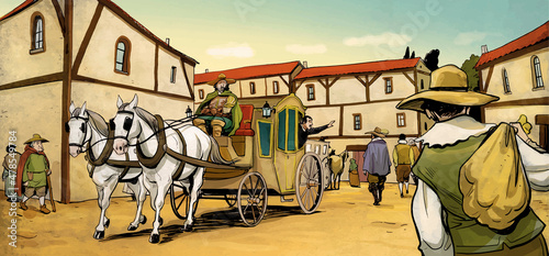 Foto Illustration of village in the 15th century with carriage and people walking