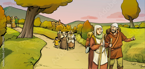 Bilde på lerret Illustration of peasants on pilgrimage in the middle ages