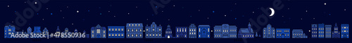 Vector illustration of horizontal panorama of european night city with moon and star on dark blue color sky background. Line art style design of night city street with shine window