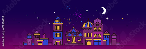 Vector illustration of night city street with children carousel with horse on dark color sky background with moon and firework. Line art style design of panorama of european city with light window