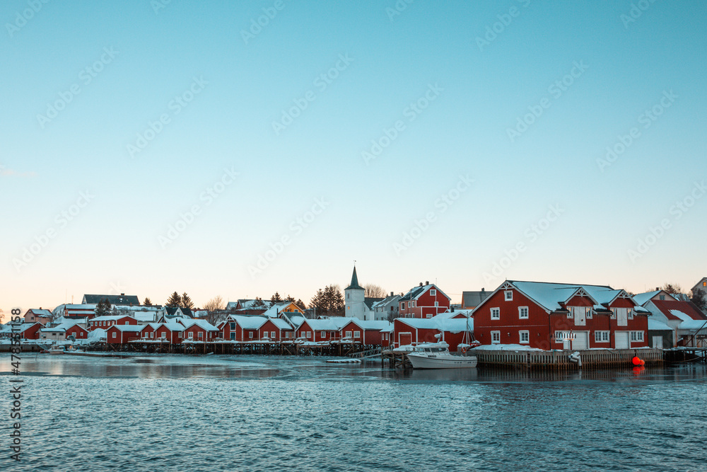 Typical Norwegian village between fjords in the arctic circle