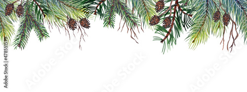 Christmas horizontal border with pine branches and cones. Watercolor illustration on white background.