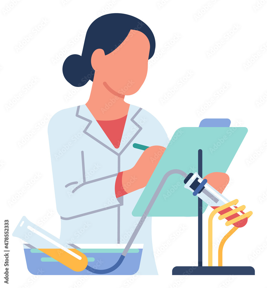 Woman writing experiment result. Scientific research concept Woman writing experiment result. Scientific research concept