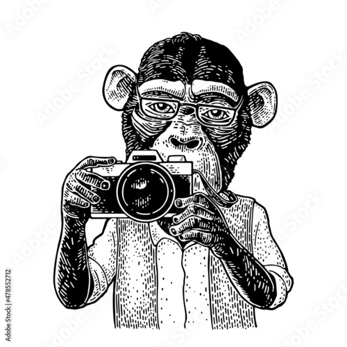 Monkey photographer holding camera. Vintage black engraving illustration. Isolated on white